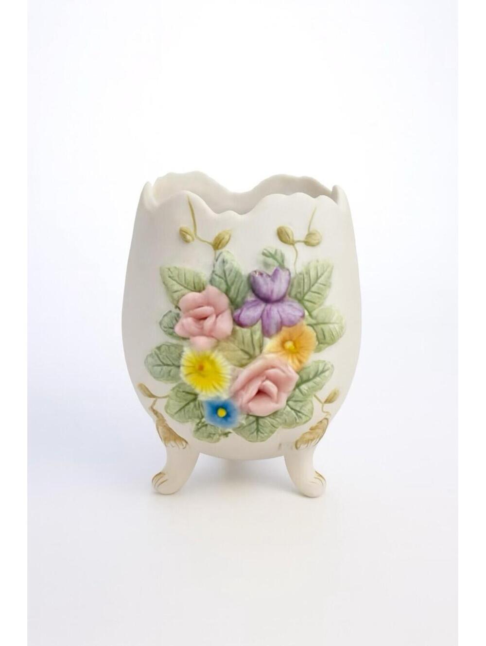 Lefton China Vintage Floral Vase with 3 Legs and Raised Flowers